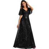 Plus Size V-Neck Ruffle Sleeve Shiny Sequin Evening Dress（Processing time need 3-6 days）