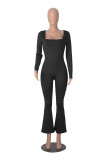 Women's Long Sleeve Square Neck High Stretch Slim Tight Fitting Jumpsuit