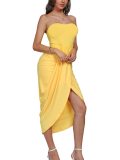 Women's Strapless Ruffled High Waisted Wrap Slit Beach Trendy Maxi Dress