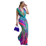 Fashion Women's Sleeveless Printed Sexy Deep V Slim Dress