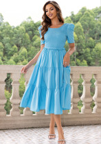 Summer Women's Clothing Square Neck Low Back Short Sleeve Puff Sleeve Pleated Dress