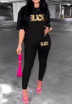 Women's Letter Prints Round Neck Casual T-Shirt Shorts Two Pieces Set