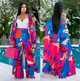 Women's Spring Chic Elegant Printed Long Sleeve Coat Wide Leg Pants Two Piece Set