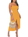 Women's Strapless Ruffled High Waisted Wrap Slit Beach Trendy Maxi Dress