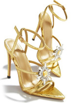 Solid Color Pointed Toe Sun Buckle Rhinestone High Heels Open Toe Sandals Women's Summer High Heels