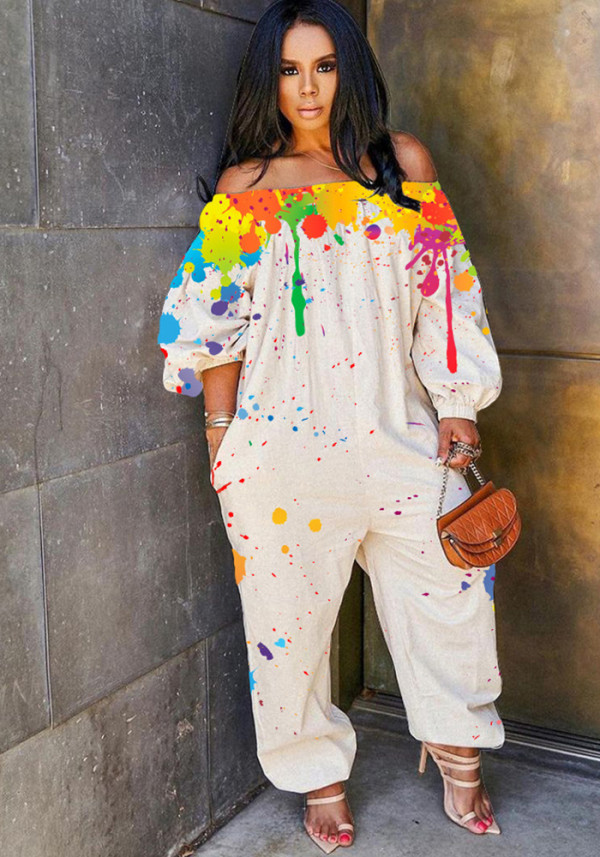 Print Casual Off Shoulder Long Sleeve Loose Jumpsuit
