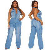 Halter Slim-Waisted Straight-Leg Loose Stretch-Denim Jumpsuit