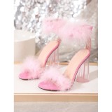 Pink Furry Transparent Thick Heel Sandals