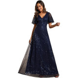 Plus Size V-Neck Ruffle Sleeve Shiny Sequin Evening Dress（Processing time need 3-6 days）