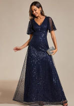 Plus Size V-Neck Ruffle Sleeve Shiny Sequin Evening Dress(Processing time need 3-6 days) Plus Size V-Neck Ruffle Sleeve Shiny Sequin Evening Dress(Processing time need 3-6 days)