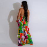 Fashionable Printed Crop Lace-Up Top Wide-Leg Pants Two-Piece Set