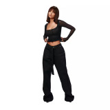 Women's Long Sleeve Solid Color Square Neck Sexy Mesh Top
