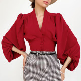 Autumn V-Neck Women's Blouse Chic Lantern Sleeve Slim Long-Sleeved Shirt