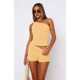 Women's One Shoulder Sleeveless Sweater Ribbed Shorts Two Piece Set