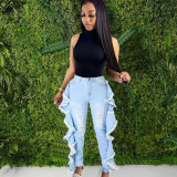 Women's Denim Pants Streetwear Casual Frayed Side Ruffles Tight Fitting Stretch Jeans