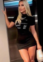 Summer Solid Color Round Neck Short Sleeve Letter Print Slim Mini Dress