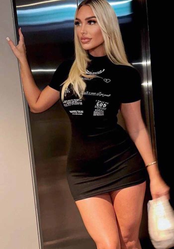 Summer Solid Color Round Neck Short Sleeve Letter Print Slim Mini Dress