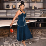 Plus Size Women's Strap A-Line Denim Long Dress