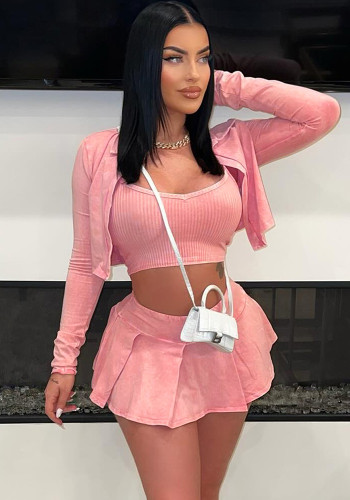 Fashionable Women's Solid Long Sleeve Three-Piece Skirt Set