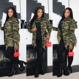 Women's Long Sleeve Camo Ripped Shirt Turndown Collar Long Sleeve Top