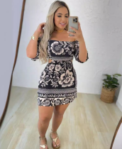 Women Printed Backless Balloon Sleeve Off Shoulder Two-Wear Dress