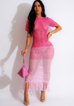 Women's Sexy Knitting Tassel Summer Short Sleeve Beach Long Dress