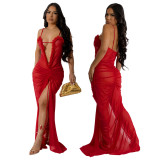Sexy See-Through Mesh Solid Color High Slit Dress
