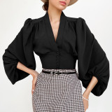 Autumn V-Neck Women's Blouse Chic Lantern Sleeve Slim Long-Sleeved Shirt