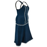 Plus Size Women's Strap A-Line Denim Long Dress