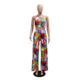 Fashionable Printed Crop Lace-Up Top Wide-Leg Pants Two-Piece Set