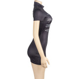 Summer Solid Color Round Neck Short Sleeve Letter Print Slim Mini Dress