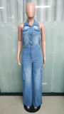 Halter Slim-Waisted Straight-Leg Loose Stretch-Denim Jumpsuit