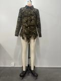 Women's Long Sleeve Camo Ripped Shirt Turndown Collar Long Sleeve Top