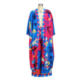 Women's Spring Chic Elegant Printed Long Sleeve Coat Wide Leg Pants Two Piece Set