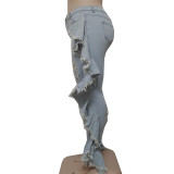 Women's Denim Pants Streetwear Casual Frayed Side Ruffles Tight Fitting Stretch Jeans