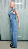 Halter Slim-Waisted Straight-Leg Loose Stretch-Denim Jumpsuit