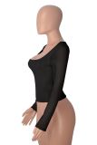 Women's Long Sleeve Solid Color Square Neck Sexy Mesh Top