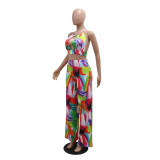 Fashionable Printed Crop Lace-Up Top Wide-Leg Pants Two-Piece Set