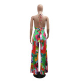 Fashionable Printed Crop Lace-Up Top Wide-Leg Pants Two-Piece Set