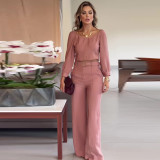 Women Summer Solid Retro Square Neck Top and Pants Two-piece Set