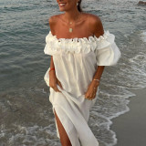 Women Off Shoulder Sexy Puff Sleeves Solid Lace Holidays Beach Dress