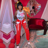 Women Sexy Lace See-Through Bow Sleeveless Top and Pants Two-piece Set