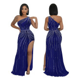 Women Sexy Slash Shoulder Beaded Slit Dress