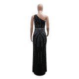 Women Sexy Slash Shoulder Beaded Slit Dress