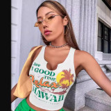 Women Open Collar Letter Print Tank Top