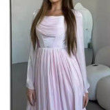 Women French Retro Square Neck Elegant Long Sleeve Pleated Dress