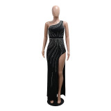 Women Sexy Slash Shoulder Beaded Slit Dress