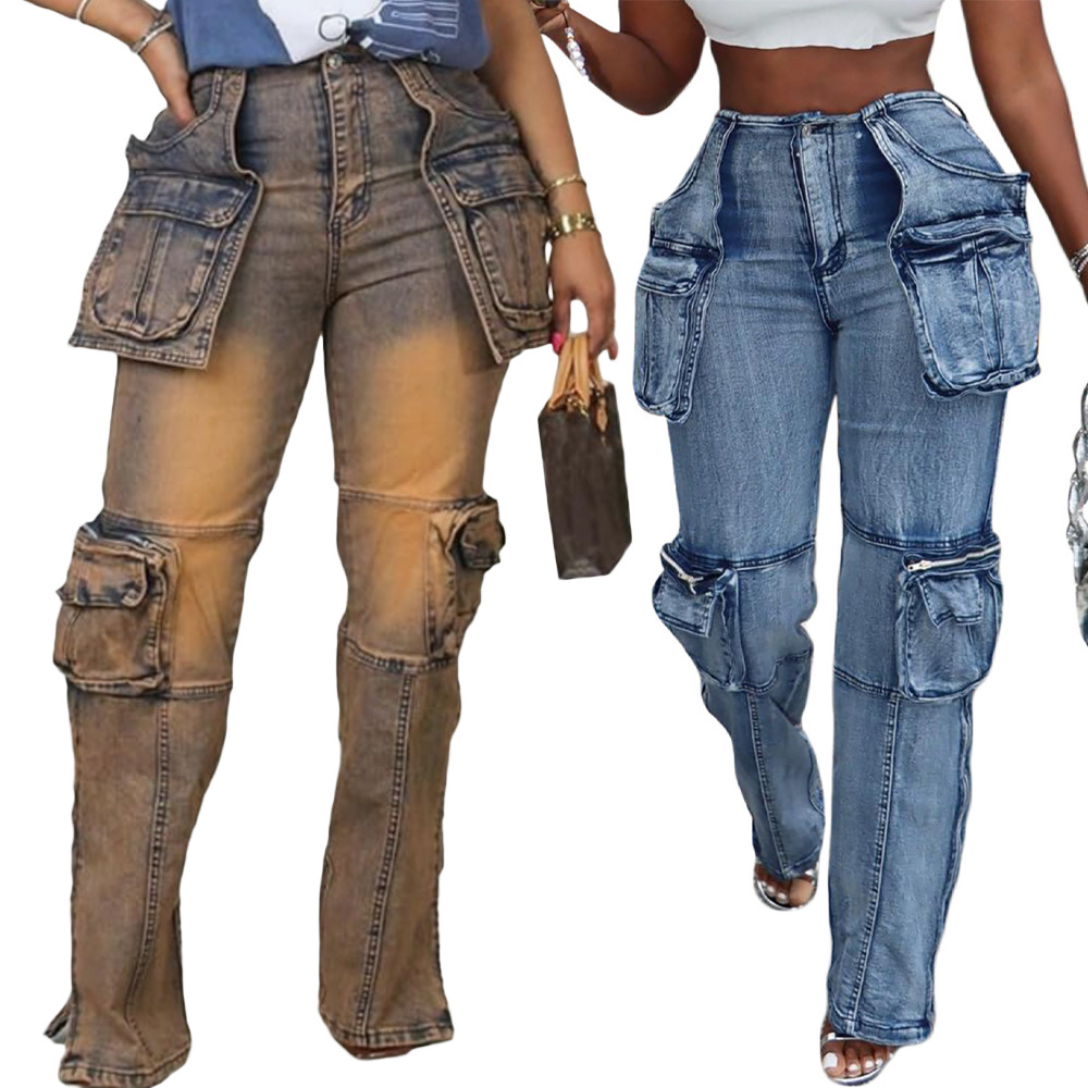 Patchwork Multi-Pocket Denim Pants for Casual Streetwear