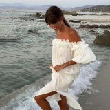 Women Off Shoulder Sexy Puff Sleeves Solid Lace Holidays Beach Dress