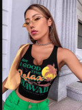 Women Open Collar Letter Print Tank Top